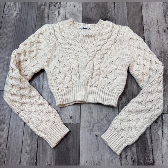 Zara Cropped Cable Knit Sweater Oatmeal Tan Small Boho Cottagecore Cozy - Picture 1 of 6